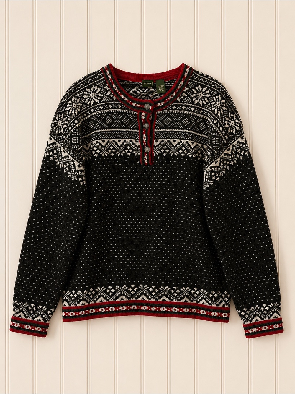 Vintage L.L. Bean Fair Isle Henley Sweater with Red Trim